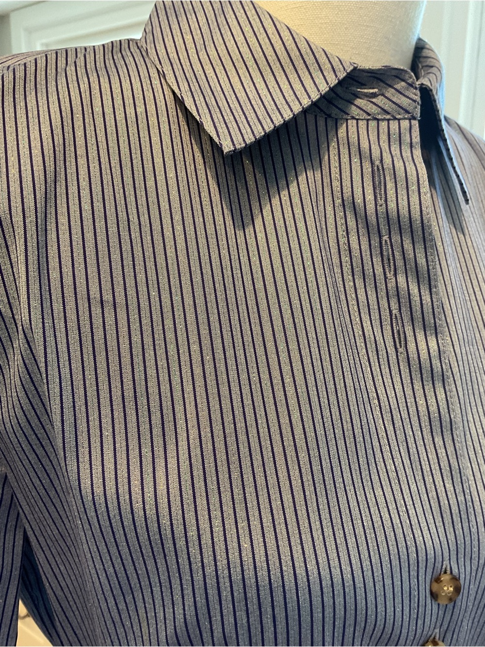 Lafayette 148 New York Light Blue Shirt dress with Navy and metallic Pinstripes - Picture 3 of 7